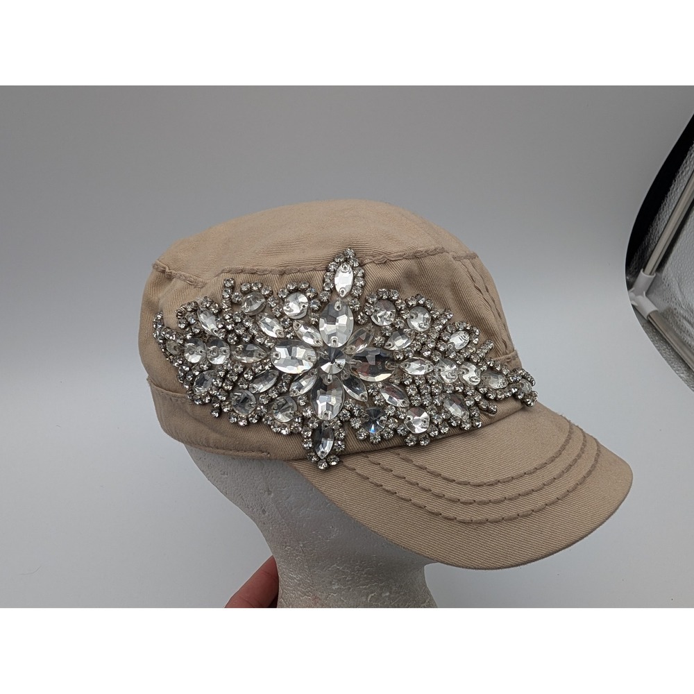 Olive & Pique Tan Cadet Cap Rhinestone Crystal Embellished Adjustable Hat